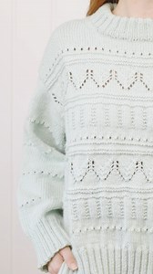 Delicate lace pattern. Double neck. Pure comfort. This cosy sweater in DROPS Daisy is called Mint Romance and it’s as dreamy as it sounds. 💚You’ll find the free pattern to knit it on our site by searching for Mint Romance or following the link in bio. #mintromancesweater #dropsdaisy #dropsdesign | Garnstudio DROPS design