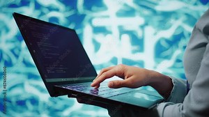 Engineer using notebook to maintenance artificial intelligence neural networks. Close up shot of IT expert using AI system aiding in processing and transmitting information, camera B