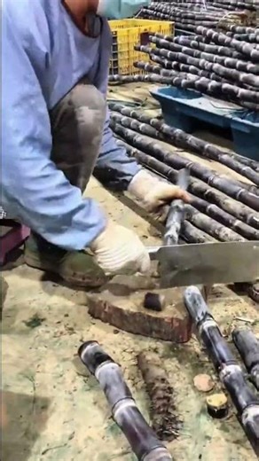 Cutting dark purple sugarcane stalks into pieces neatly using a manual sharp metal cleaver tool