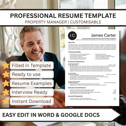 Property Manager Resume Template – Real Estate CV | Ats‑friendly | Editable | Instant Download - Etsy UK