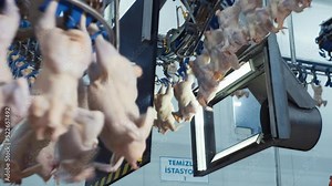 Poultry processing industry. Raw chicken meat production line. Poultry processing plant. Conveyor belt for food factory. Automatic machine in broiler meat process. Modern equipment in slaughterhouse.6