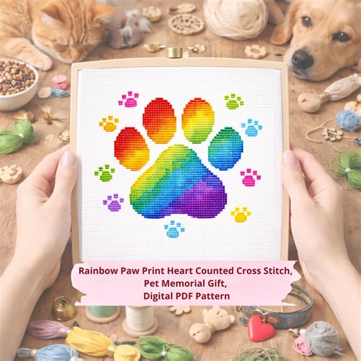 Rainbow Paw Print Counted Cross Stitch PDF, Pet Memorial for Dog, Cat Animal Lover - Etsy