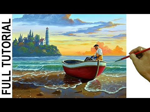 How to Paint Realistic Fisherman on Red boat in the Beach using Acrylic
