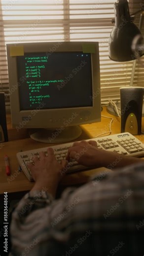 Vertical over-shoulder shot of male programmer in glasses and plaid shirt writing coding algorithm on vintage PC desktop computer while working in home office