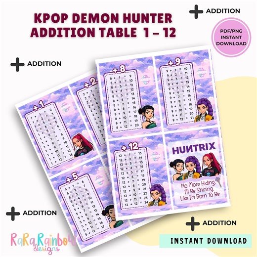 Kpop Demon Hunter Addition Table Flash Cards, Addition Printable Card, Plus+++ (PDF & PNG) - Etsy Canada