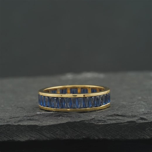 Baguette Blue Sapphire Eternity Band: Sterling Silver Stacking Ring 14K Yellow Gold Plated - Etsy