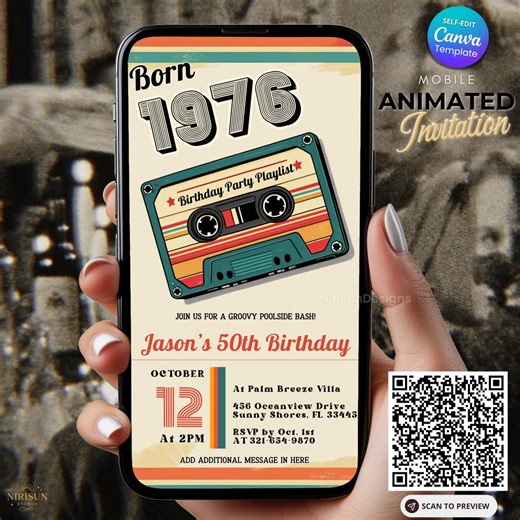 50th Birthday Digital Invitation, Back to 70’s Retro Party Invite, Back in 1976 Editable Canva Template, Vintage Download for Men or Women - Etsy