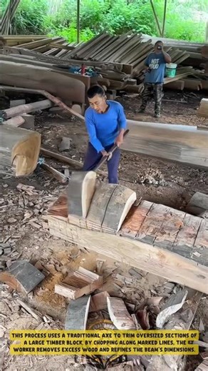 Trimming Oversized Timber Blocks using a Traditional Axe – Good Tools and Machinery in Daily Work