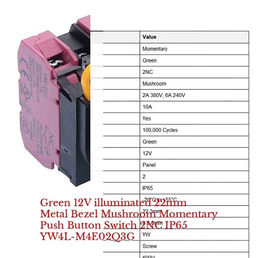 Green 12V illuminated 22mm Metal Bezel Mushroom Momentary Push Button Switch 2NC IP65