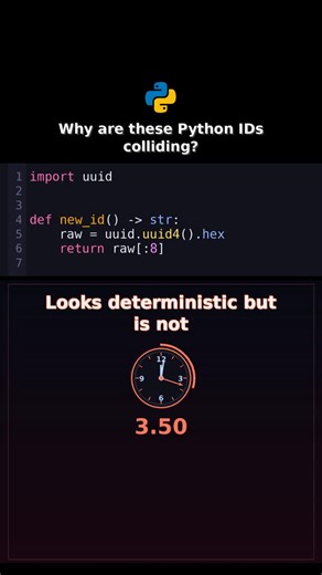 Python chaos expert on Instagram: "Why are these Python IDs colliding? Why are these Python IDs colliding under load. The Python code truncates UUIDs for short IDs, which increases collision probability. In Python systems this overwrites records. #whatswrongwiththispythoncode #pythonbug #pythonproductionbug #pythondebugging #pythonbackend #pythoncodereview #pythonmistake #pythonbestpractices #pythonreliability #pythonincident #pythonapi #pythonengineering #pythonuuidcollision #pythonidbug #pytho
