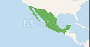 World Map Zoom In To Mexico. Animation in 4K Video. Green Mexico Territory On Blue and White World Map