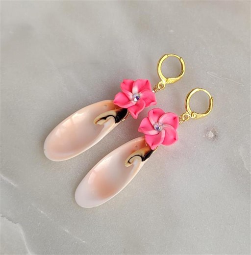 Real Natural Light Pink Queen Conch Shell Seashell Clay Flower Plumeria Hawaii Coastal Island Beach Ocean Bohemian Gold Dangle Earrings 2.5" - Etsy