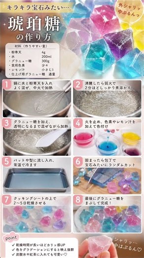 【宝石みたいに輝く】手作り琥珀糖レシピ* 「これ食べられる宝石です。」* 「シャリッ…中ぷるん。禁断の琥珀糖」* 「宝石を噛んだ音、ヤバすぎる。」* 「SNSで100万再生級のキラキラスイーツ」*