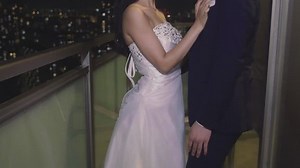 Japanese bride and groom beautiful night scene overlooking city