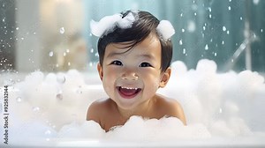 Soap foam, bath time, little asian baby child girl taking bubble bath in beautiful bathroom, Kids hygiene Shampoo, hair treatment and soap for children, Kid bathing in large tub , foam in hair.