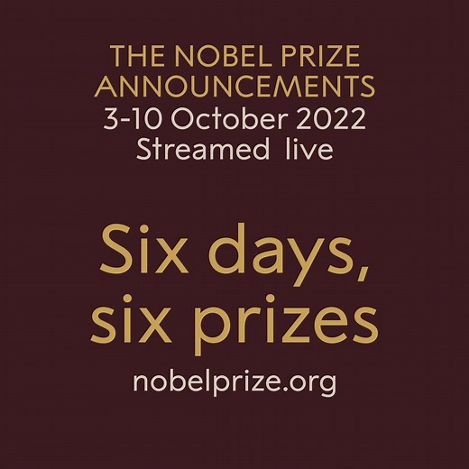 The 2022 Nobel Prize announcements will be revealed during 3-10 October. Over six days, six prizes will be awarded - who will become a Nobel Prize laureate this year? See the full list of announcement dates: https://www.nobelprize.org/prizes/about/prize-announcement-dates/ #NobelPrize | Nobel Prize