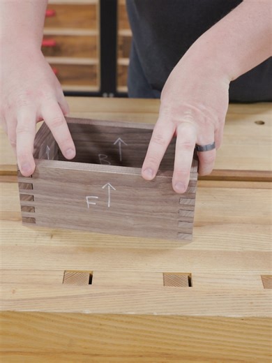 Here's how we make a box using the Box Joint Jig. It's so SIMPLE, anyone can do it! 1. Mark the top edge of all 4 pieces on both sides (Front, Back, Right & Left) 2. Mark the front, back, left and right. 3. Set up your box joint jig (video on our website) 4. Take your Front piece and butt the marked top edge against your key. Your top edge marking should point toward the key. Make your first cut. 5. Move the Front Piece over so your key is positioned inside of your new cut. Cut again. Repeat thi