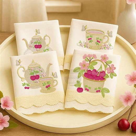 Teapot Cherry Embroidery Designs Cups and Flowers – Kitchen Linens (digital Download) - Etsy