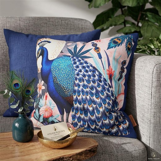 Luxury Blue Peacock Pillow Cover, Floral Bird Cushion Case, Decorative Throw Pillow