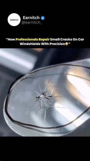 EARNITCH on Instagram: "To repair small windshield cracks, professionals follow a precise process. They start by drilling a tiny hole in the center of the crack to relieve pressure. Next, a special resin is injected to fill and seal the damaged lines. A thin film is applied over the spot, then a curing compound is added and buffed to restore clarity. Once complete, the crack becomes nearly invisible-bringing back both the strength and look of the glass. We do not own any of the content. All cred
