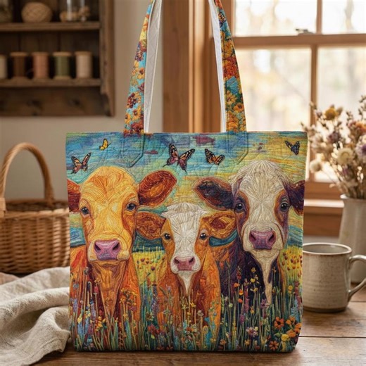 Highland Cow Quilted Tote Bag, Farm Animal Patchwork Tote, Rustic Cow Quilt Bag, Cottagecore Cow Fabric Tote, Cow Lover Gift Bag - Etsy Canada