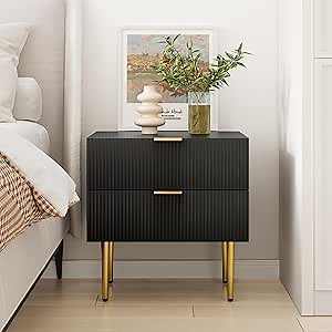 Semiocthome Black Nightstand, Mid Century Modern Night Stand with 2 Wave Fluted Panel Drawers, Bedside Table with Gold Metal Legs, Bedroom Set Wide Tabletop Bed Side Table, End Tables for Living Room