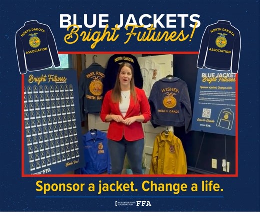 💙✨ It’s here! The Blue Jackets, Bright Futures Campaign kicks off today! ✨💛 For FFA members across North Dakota, the iconic FFA jacket is more than just part of the uniform—it’s a symbol of belonging, pride, and opportunity; and sometimes, cost is a barrier. That’s where YOU come in. Each year, hundreds of students apply for a jacket grant, and with your help, we can ensure 300 more members zip up that corduroy and step confidently into leadership, service, and growth. 👉 $80 = 1 jacket = 1 br