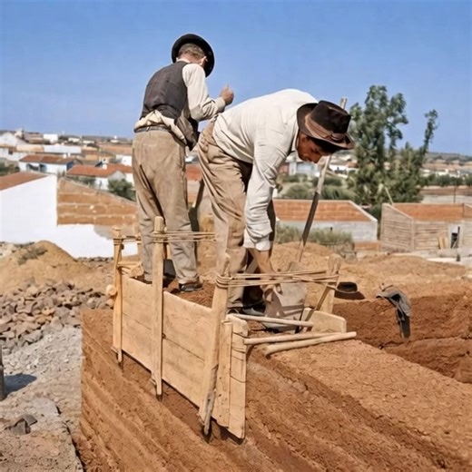 Old Alentejo. In the photograph, two men erect walls of taipa, shaping the earth with their own hands, as if sowing a future in clay. Sweat is mixed with dust, and each stroke of the pestle is a compass that marks the slow pace of Alentejo life. In the background, the plain rests, white with houses and clear of sun, a discreet witness to the patient work of those who build not only walls, but also memory. | Bom Pedreiro