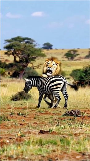 “A lion tackles a zebra, but loses grip and falls hard, getting injured.”