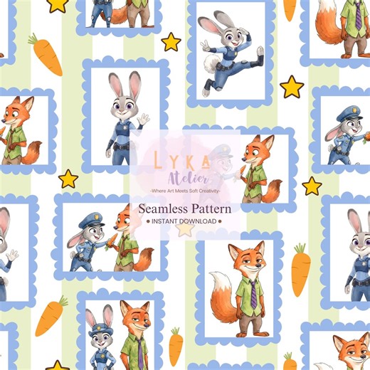 Cartoon Fox Bunny Seamless Pattern, Stripe Nursery Fabric Background (digital Download) - Etsy
