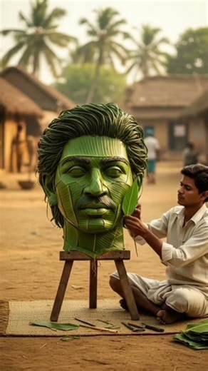 Amazing Leaf Art: Creating a Realistic Face with Green Leaves! 🍃 #shorts