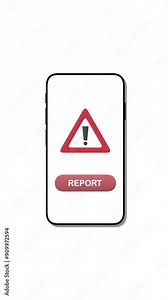 Vertical video: Red report button and warning triangle appearing inside an animated smartphone. White and green screen background. Social media button. User interface animation. Reporting an issue.