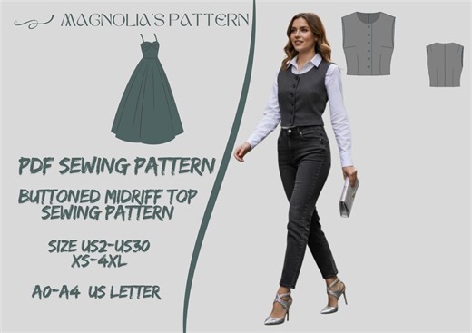 Buttoned Midriff Top Sewing Pattern (US 2-30) (PDF Pattern) A0-a4-usletter - Etsy