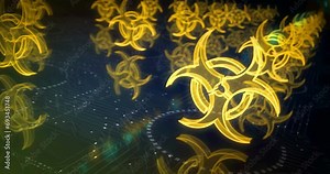 Biohazard danger alert and virus warning symbol abstract cyber concept. Digital technology and computer background seamless and looped 3d animation.