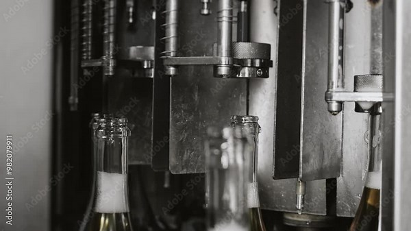 Technological line for bottling drinks at the plant. Conveyor for bottling champagne into glass bottles. Champagne and wine bottling line at the plant. Production of sparkling drinks.