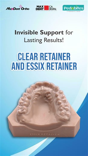 Max Dent Ortho on Instagram: "Clear Retainers (Essix/S6) offer an invisible, comfortable, and dependable approach to post-orthodontic retention. Ideal after fixed appliances, aligners, or minor corrections, they help maintain alignment, prevent relapse, and provide wire-free aesthetics that patients appreciate. Made from high-quality thermoplastic materials, both retainers deliver passive retention with excellent comfort and can be customized with pontics, dual-laminate options, or gingival cuto