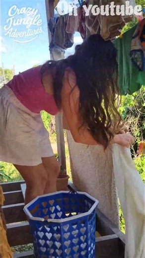 "Air-Drying Laundry in Jungle—No Dryer Needed! 👕🌞"