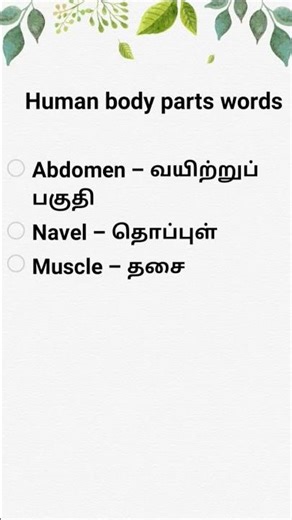 Body Parts in English and Tamil | Human Body Vocabulary