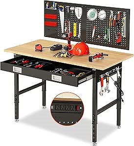 60" Workbench with Drawers, Adjustable Height Work Bench 2000 LBS Heavy-Duty Work Table Rubber Wood Work Station with Power Outlet & Pegboard for Garage, Office, Workshop, Home, Party Shop - Amazon.com