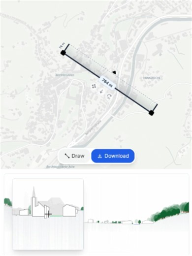 TopoSection lets you generate a terrain cross-section in DXF format from any location in the world. To create a section, simply: - Go to TopoSection.com - Navigate to your project area on the map. - Draw a line representing the desired section path. - Adjust the section settings if needed (sampling distance, vertical exaggeration, etc.). - Click Generate Section. - Download the generated DXF file and open it in your CAD software. The DXF contains the terrain profile extracted along the selected 