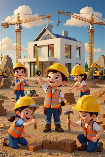 Kids building a modern house together! 🏗️🏠 #KidsConstruction #Teamwork #Building #Animation