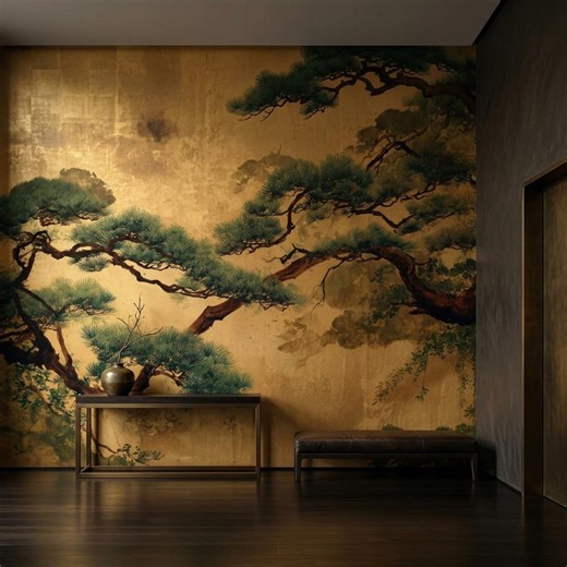 Vintage Japanese Gold Pine Tree Wallpaper Mural, Japandi Peel and Stick Wall Mural, Asian Chinoiserie Art Removable Self Adhesive Wallpaper