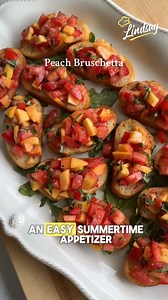 Easy summertime appetizer! 🍑🍅 What you need: French baguette, slice thinly then spray/brush with avocado or olive oil before baking at 400F for 10 minutes Peach bruschetta: 4-5 Roma tomatoes 1-2 peaches Handful of basil 1/2 clove of garlic, minced or grated 1/4 tsp each salt & pepper Fresh grated parm Honey, extra virgin olive oil, and balsamic vinegar or glaze to taste! | Lindsay Food