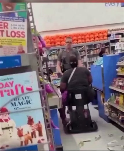 Only at Walmart.She is giving a new meaning to rollback. Did she think she was gonna take off on foot to get away from this officer? She ripped down half the checkout aisle in her attempt to do whatever she was trying to do. 🤦