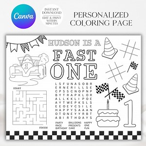 Race Car Birthday Coloring Page, Fast One Birthday, Personalized Coloring Page, Coloring Placemat, Race Car Coloring, Car Coloring, A137 - Etsy