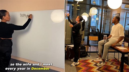 Husband and wife who hold annual STRATEGY meetings to plan out their couple 'goals' for the year claim the in-office sessions have made their six-year marriage stronger than ever