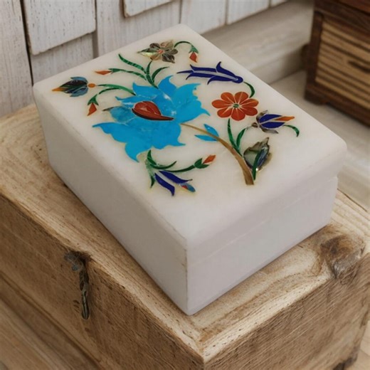 Turquoise Marble Inlay Box 4x3" – Handmade Trinket Box