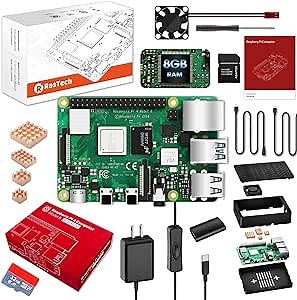 RasTech Raspberry Pi 4 8GB Starter Kit with Pi4 8GB Board,with 32GB Card 4 Copper Heatsink 2 Micro HD Out Cable 5V 3A Power Supply with ON/Off Case Cooling Fan Card Readers Screwdriver