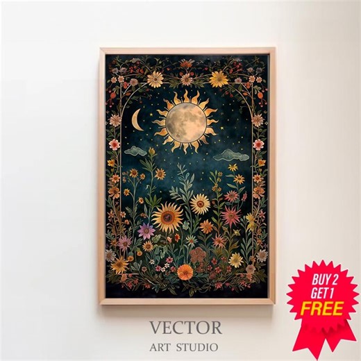 Vintage Wildflower Sun & Moon Art Print and Framed Canvas, Antique Cottagecore Dark Floral Wall Decor, Digital Download - Etsy