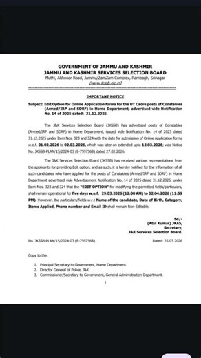 JKSSB Released Edit/Correction Option Notifications For Various Posts | 2026